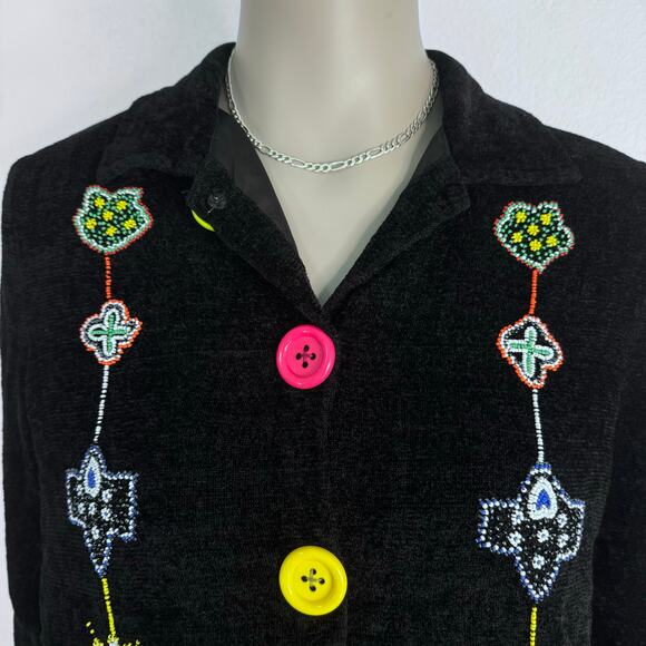 Vintage 90s Black Velour Jacket Colorful Beaded Embroidery Boho Artsy Statement - Picture 2 of 14